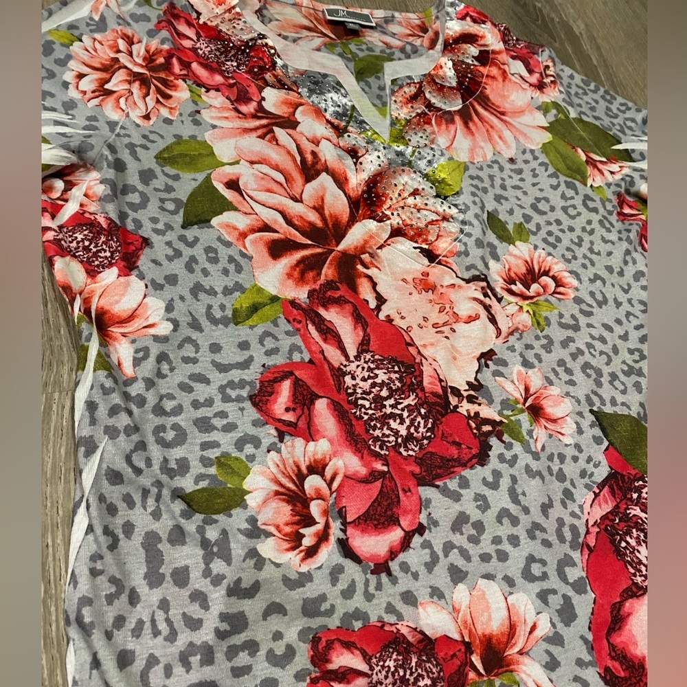 JM Collection Tropical Floral Leopard Print Blouse | Sequined XL Top 3/4 Sleeve - Picture 5 of 5